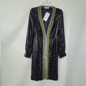 Kora Rae Robe Dress Womens S Embroidered Beaded Zip Front Long Sleeve Black Lame